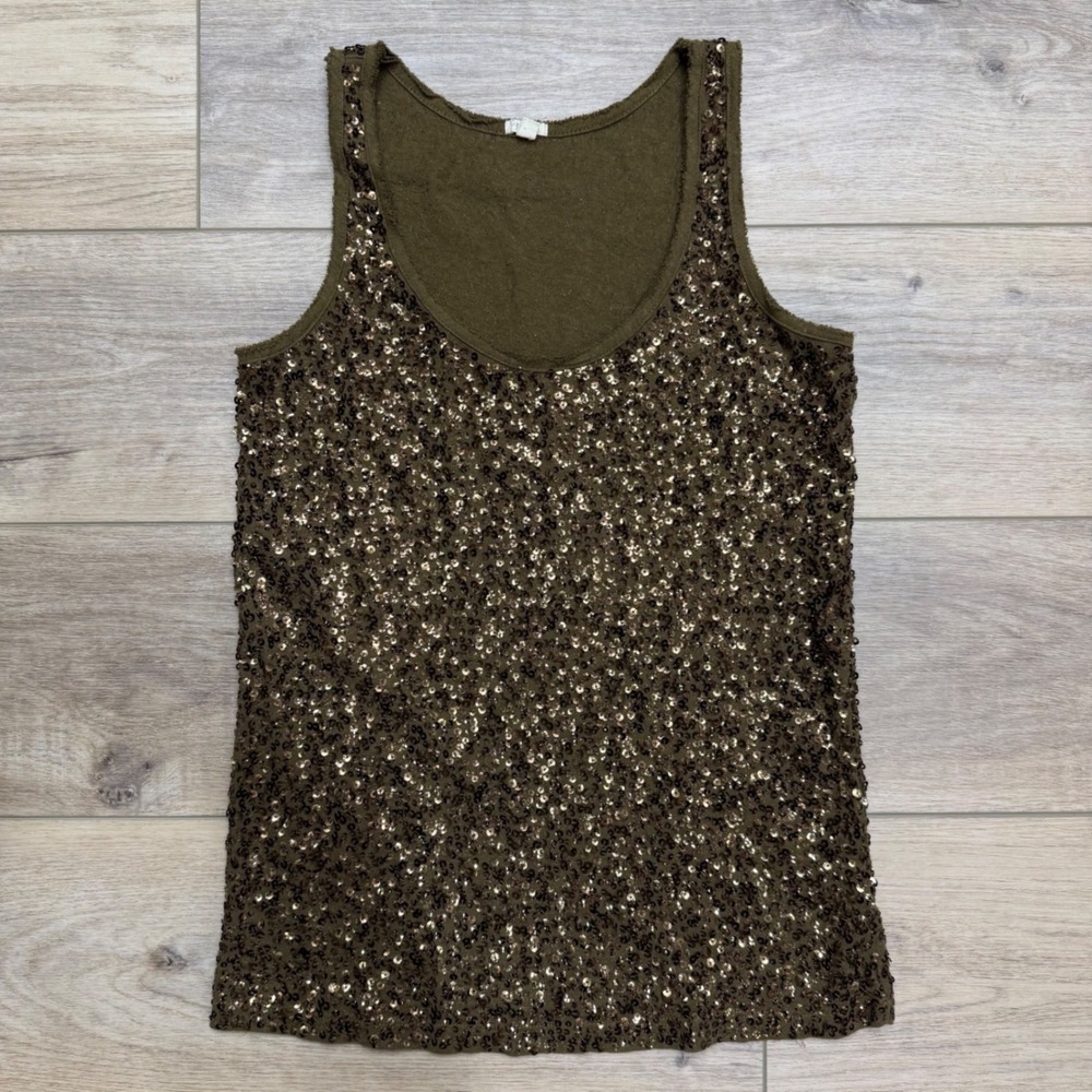 J. Crew Olive Brown Full Sequin Tank Top XS Sparkly Embellished Sleeveless Glam